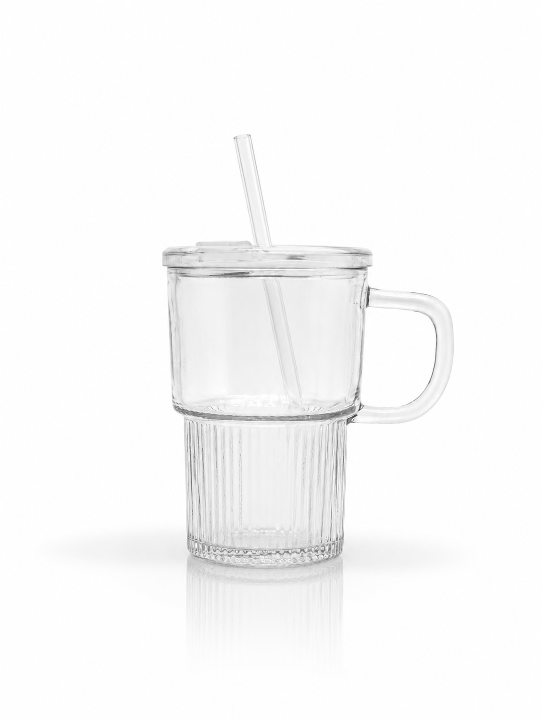 Clear Ribbed Glass Mug with Glass Lid and Straw